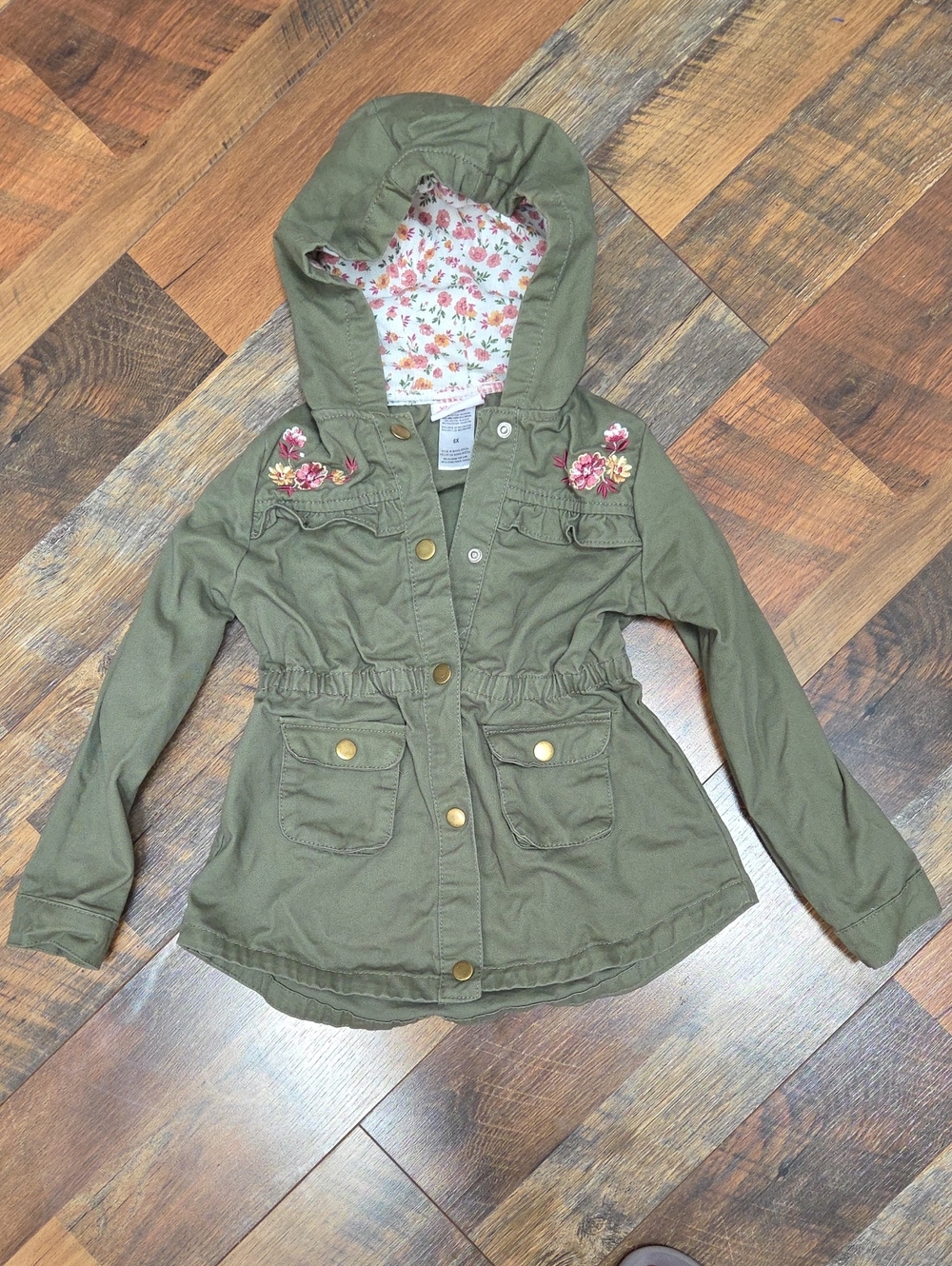 Little Lass Green Cotton Hooded Jacket With Pink Floral Embroidery, Size 6X